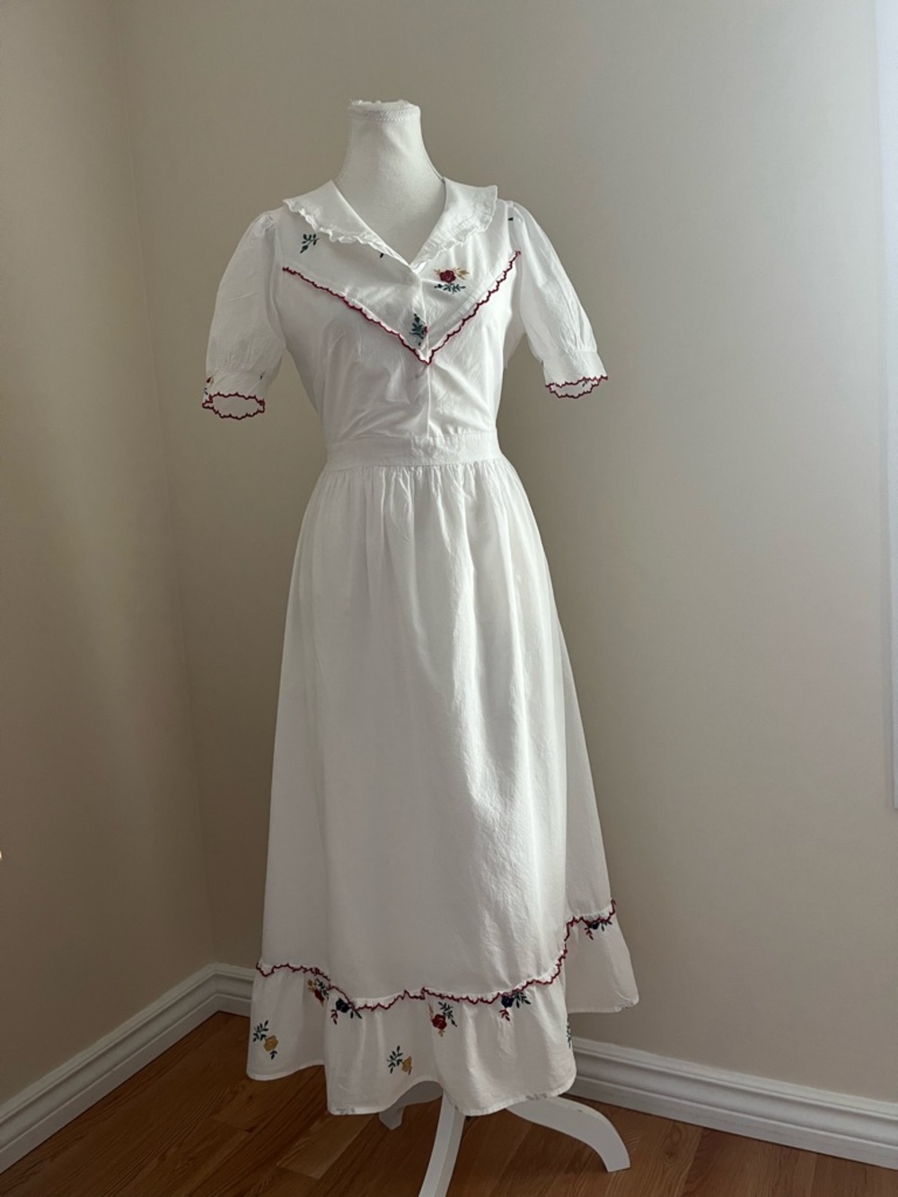 White Embroidered Cotton Midi Dress with Red Trim - Picture 1 of 8